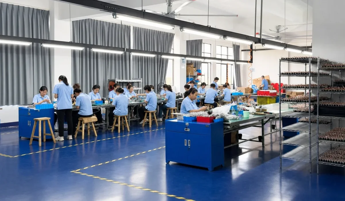 Equipo trabajando en una línea de montaje de equipos de masaje
