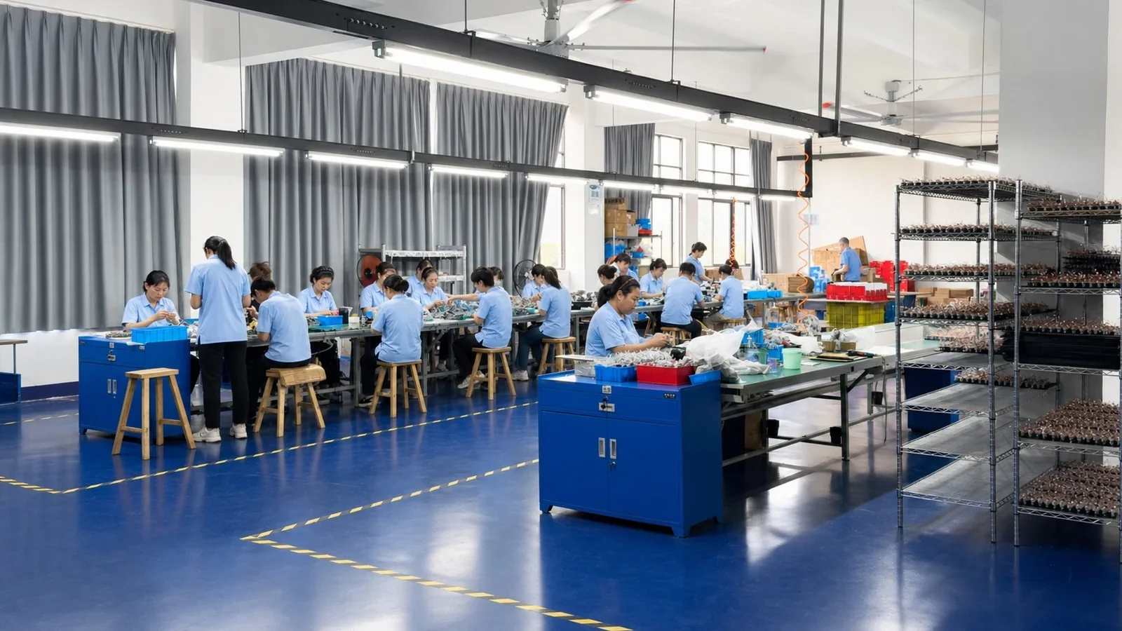 Equipo de producción trabajando en una línea de equipos de masaje